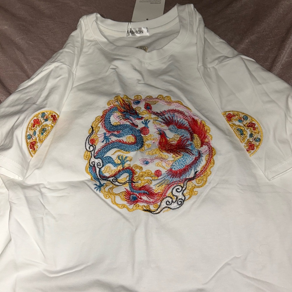 White T-Shirt with Colorful Embroidered Dragon Design